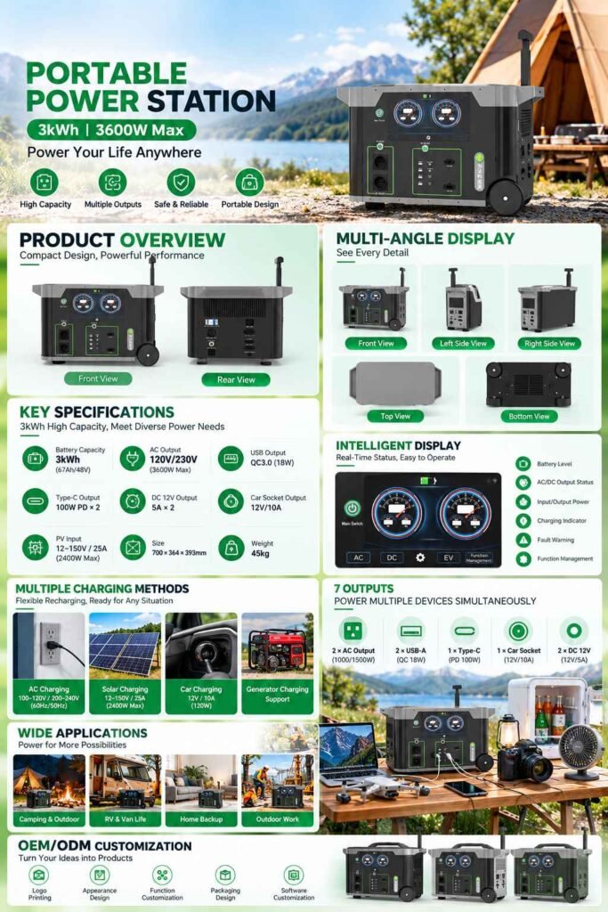 H095 3kWh portable power station product details with 3600W output, EV charging and expandable capacity