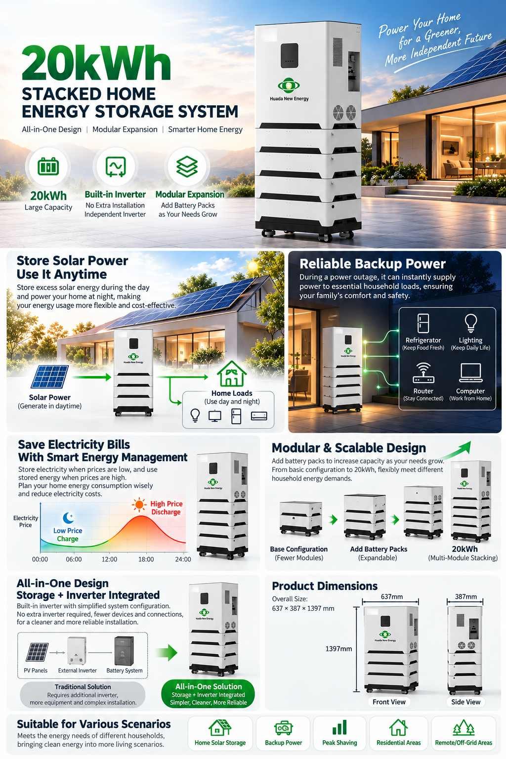 20kWh stacked home energy storage system with modular LiFePO4 battery packs for household solar backup