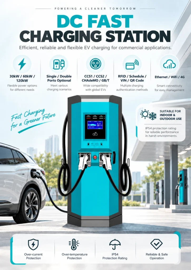 HUDA JS-DC DC fast charging station product details with 30kW 60kW 120kW options and CCS1 CCS2 connectors
