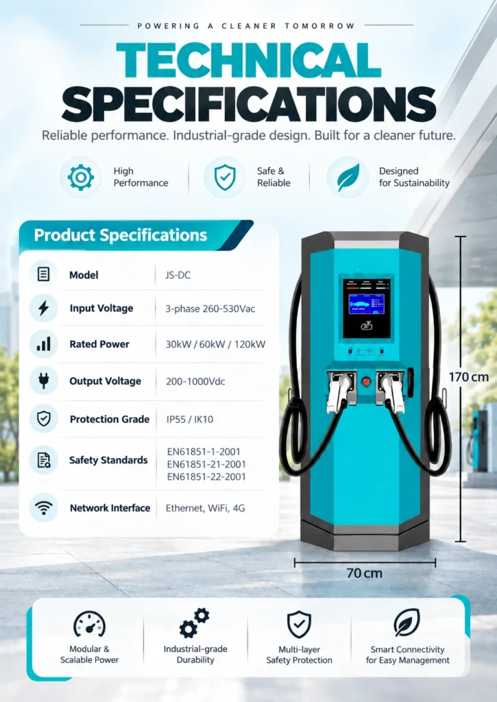 HUDA JS-DC DC fast charging station product details with 30kW 60kW 120kW options and CCS1 CCS2 connectors