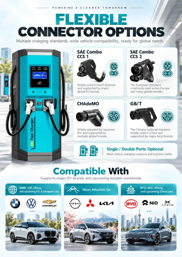 HUDA JS-DC DC fast charging station product details with 30kW 60kW 120kW options and CCS1 CCS2 connectors