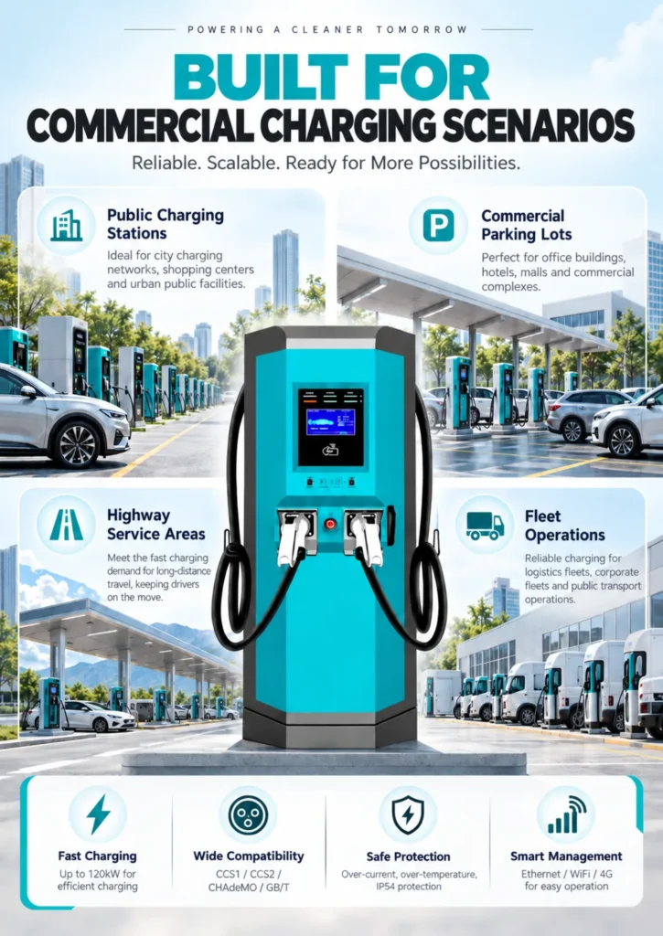 HUDA JS-DC DC fast charging station product details with 30kW 60kW 120kW options and CCS1 CCS2 connectors