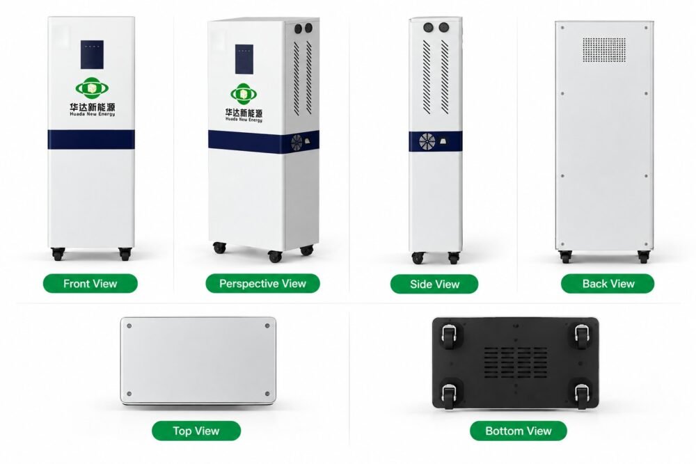Multiple views of HUDA all-in-one home battery series with built-in inverter