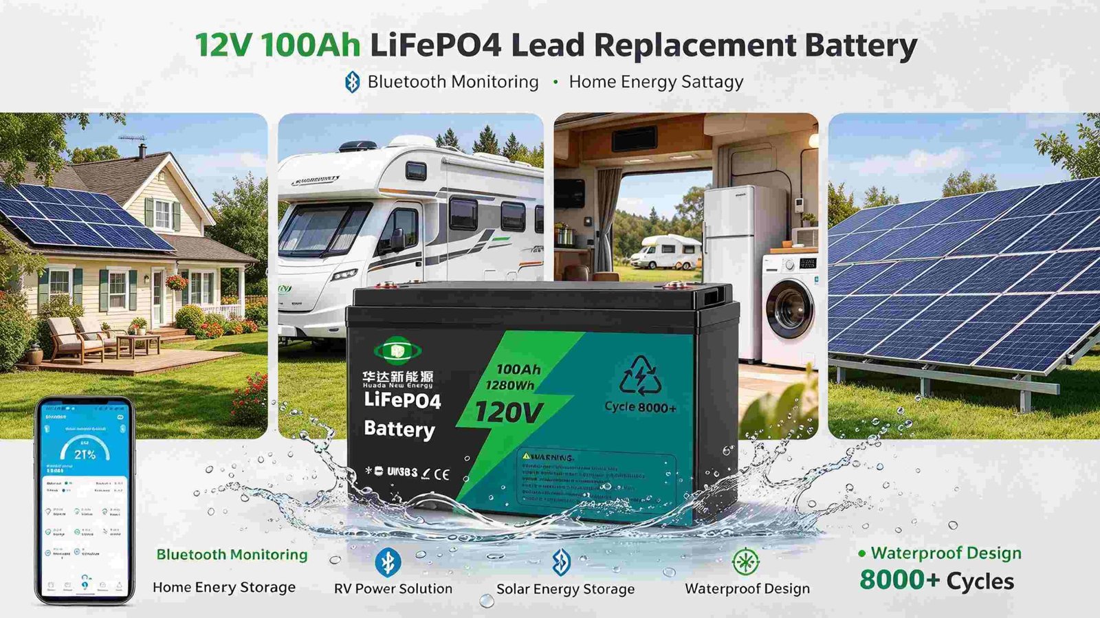 بطارية LiFePO4 بقدرة 12 فولت و100 أمبير في الساعة مع بلوتوث، بطارية ليثيوم بديلة لبطارية الرصاص الحمضية، سيناريوهات التطبيق لتخزين الطاقة الشمسية المنزلية والمركبات الترفيهية والمعدات البحرية، تصميم مقاوم للماء، مراقبة البطارية عبر تطبيق الهاتف المحمول