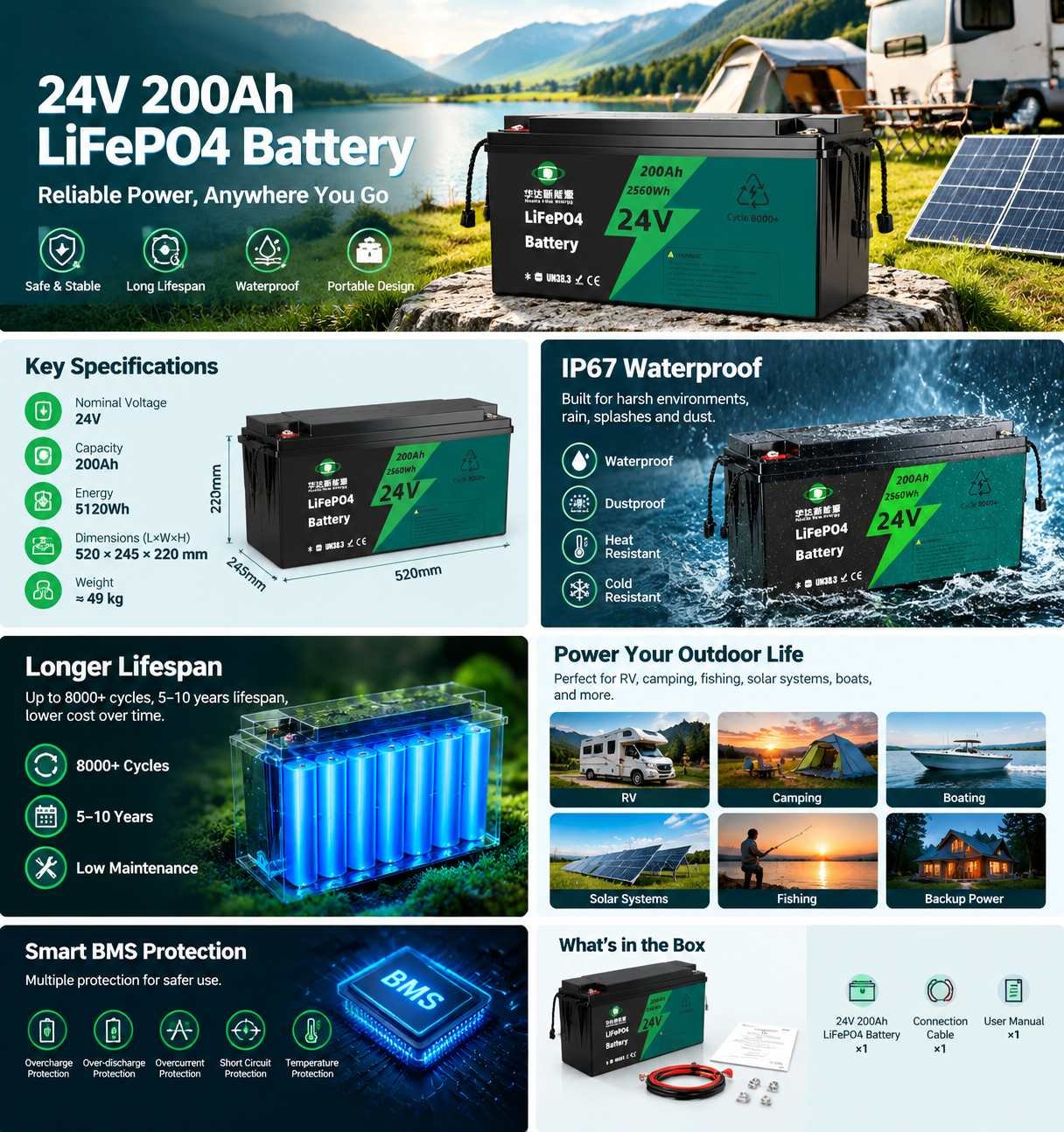 Huda 24V 200Ah LiFePO4电池详情信息图，产品特点、规格及太阳能房车离网储能应用场景