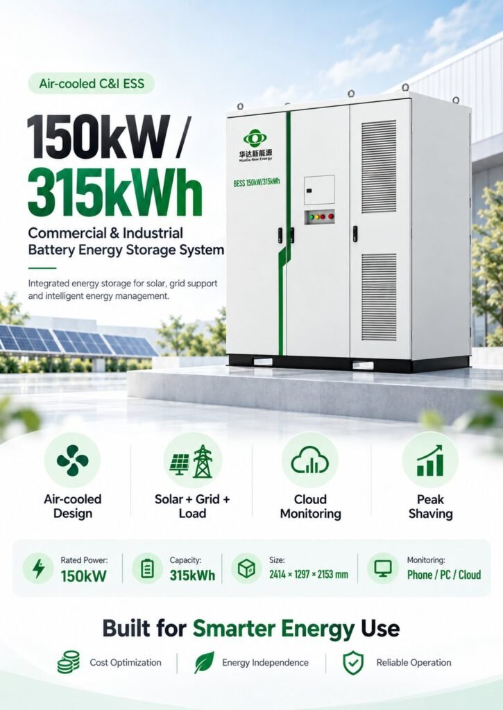 Dettagli del sistema di accumulo di energia a batteria H098 315kWh con PCS da 150kW, integrazione solare, peak shaving e monitoraggio cloud
