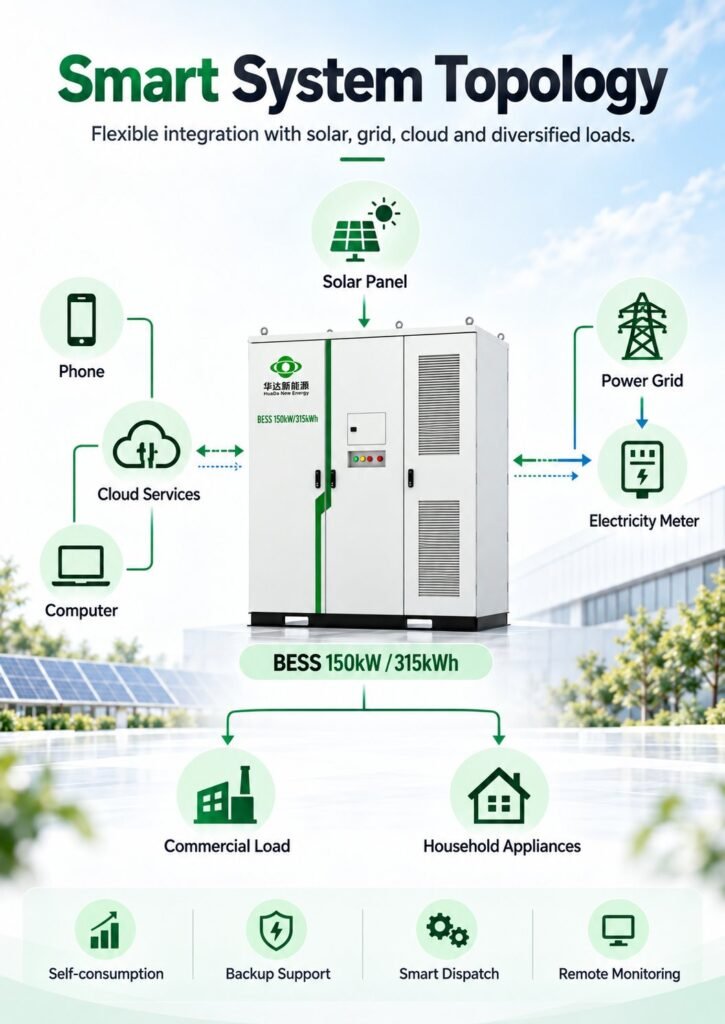 Topologia del sistema intelligente BESS H098 315kWh con ingresso solare, rete elettrica, contatore elettrico, servizi cloud e carichi diversificati