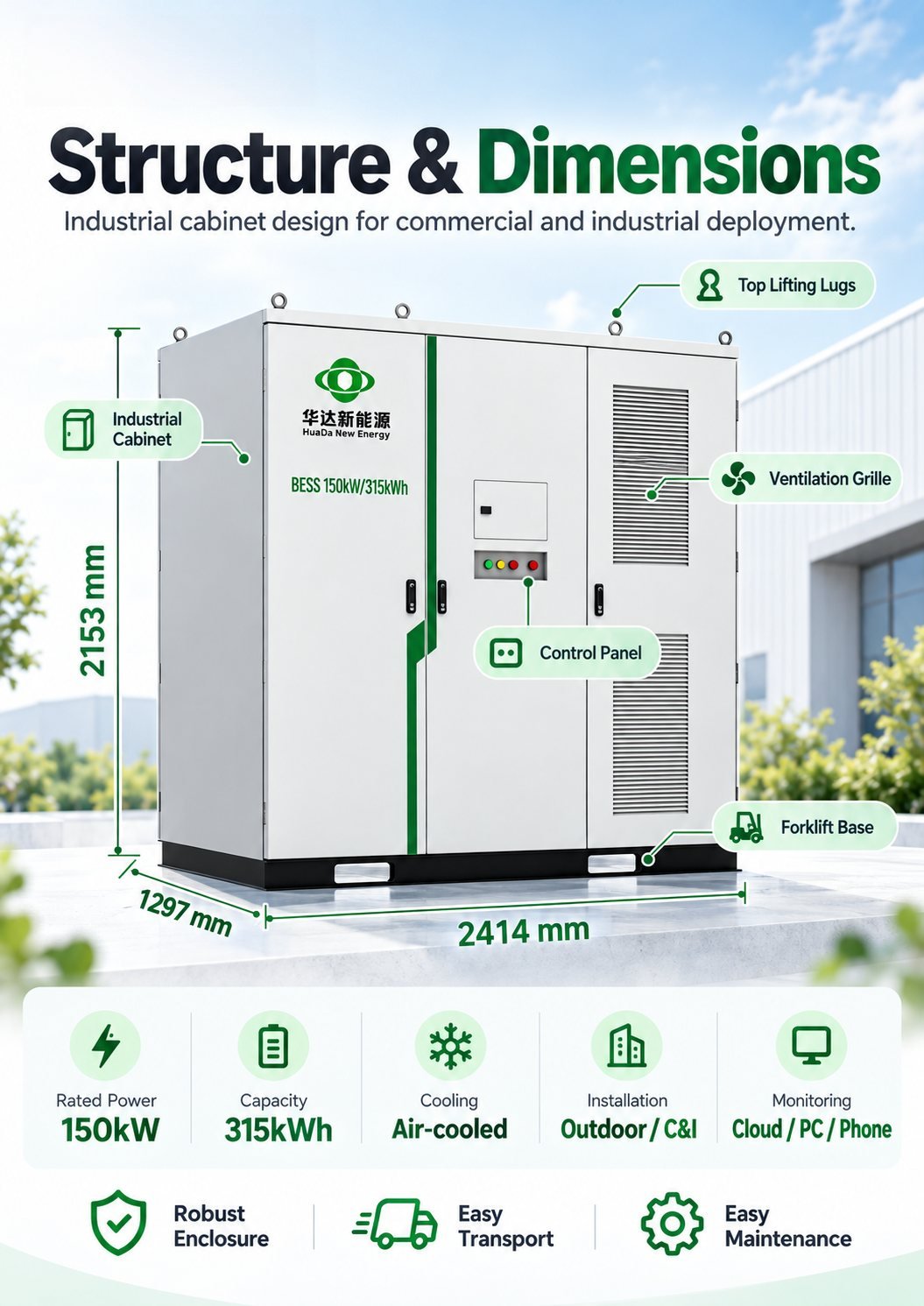 H098 315kWh电池储能系统工商业部署用工业机柜设计
