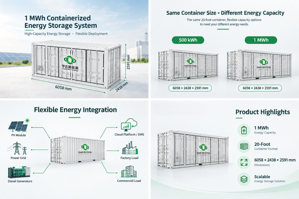 Huda 1MWh Containerized Energy Storage System is a pre-assembled 20ft battery energy storage container for peak shaving, backup power, solar integration and C&I energy management.