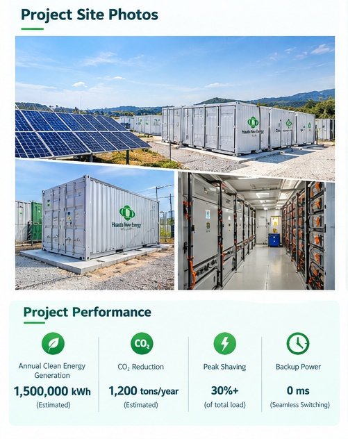 Infografía del sistema de almacenamiento de energía en contenedor Huda de 1MWh, diagrama de integración del sistema, ventajas del producto e introducción de aplicaciones.
