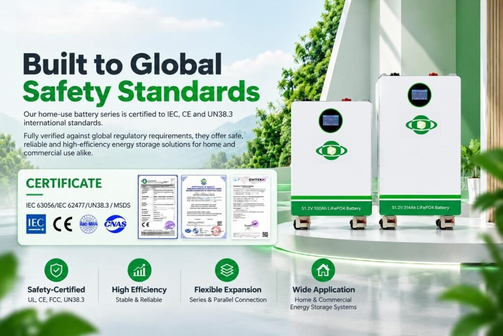 Home energy storage battery series certified to IEC 63056, IEC 62477, UN38.3 and CE standards