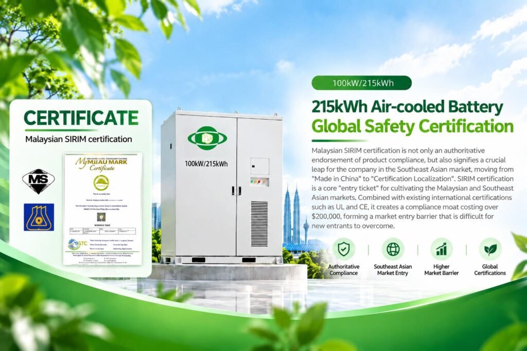215kWh air-cooled battery with 100kW rated power certified to Malaysian SIRIM standard